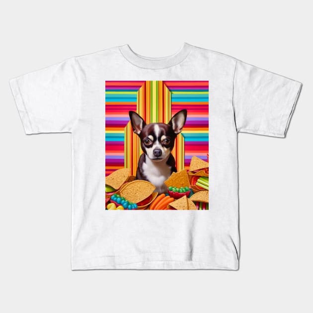 Mexican Food Taco Lover Op Art Chihuahua with Taco Kids T-Shirt by Unboxed Mind of J.A.Y LLC 